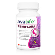 Femiflora Capsules packaging showing 5-strain formula and CFU count